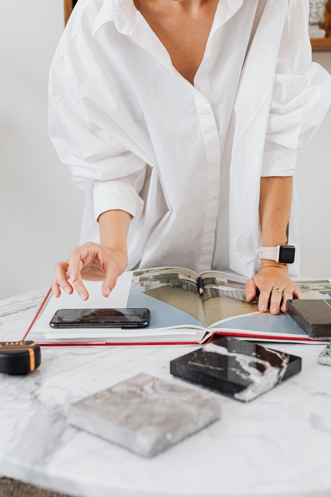 Designer working at marble table